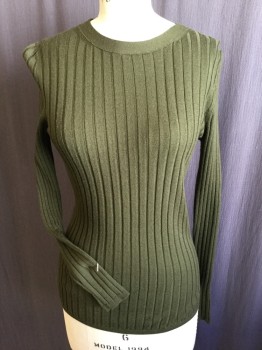 Womens, Pullover Sweater, BANANA REPUBLIC, Olive Green, Wool, Solid, S, Ribbed, Round Neck,  Long Sleeves,