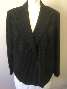 Womens, Suit, Jacket, JONES NEW YORK SUIT, Black, Brown, Polyester, Stripes - Pin, Dots, 18W, Black with Brown Dotted/Dashed Pinstripes, Single Breasted, Peaked Lapel, 2 Large Black Buttons, 2 Pockets with Flap Closures, Padded Shoulders