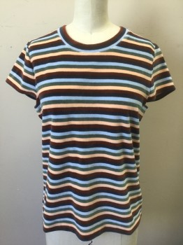 Womens, Top, MADEWELL, Multi-color, Brown, Sage Green, Peach Orange, Navy Blue, Cotton, Polyester, Stripes - Horizontal , S, Brown/Sage/Light Blue/Peach/Navy Horizontally Striped Stretch Velvet, Tee Shirt, Cap-Sleeves, U-Neck
