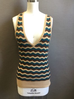 Womens, Sweater Vest, TRINA TURK, Tan Brown, Brown, Teal Blue, Cashmere, Stripes, P, Wavy Stripes, Solid Tan Ribbed Deep V Neck, Solid Tan Ribbed Knit Armholes/Waistband, Dbl (see FC048524)
