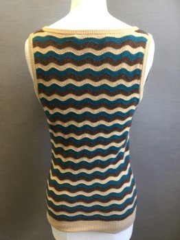 Womens, Sweater Vest, TRINA TURK, Tan Brown, Brown, Teal Blue, Cashmere, Stripes, P, Wavy Stripes, Solid Tan Ribbed Deep V Neck, Solid Tan Ribbed Knit Armholes/Waistband, Dbl (see FC048524)