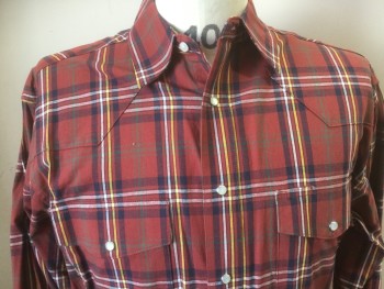 Mens, Western, WRANGLER, Red, Navy Blue, Yellow, White, Gray, Cotton, Plaid, M, Snap Front, Long Sleeves, Western Yoke, 2 Pockets,