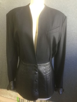 Womens, Blazer, DROP DEAD, Black, Polyester, Leather, Solid, W:26, B:34, Crepe with Leather Bottom Half, Plunging Narrow V-neck, 5 Leather Covered Decorative Buttons at Front with Hidden Snaps, Lightly Padded Shoulders,