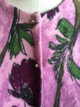 Womens, Sweater, DARLENE, Pink, Dusty Rose Pink, Red Burgundy, Green, Black, Wool, Floral, B 34, Crew Neck, Pink Pearl Button Front, Ribbbed Long Sleeves Cuffs & Hem (2 Holes on Right Sleeves--see Photo)