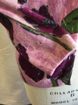 DARLENE, Pink, Dusty Rose Pink, Red Burgundy, Green, Black, Wool, Floral, Crew Neck, Pink Pearl Button Front, Ribbbed Long Sleeves Cuffs & Hem (2 Holes on Right Sleeves--see Photo)