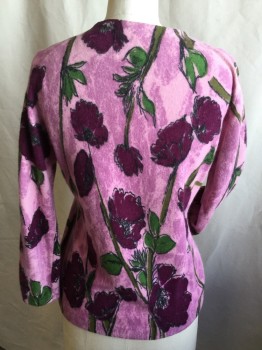 DARLENE, Pink, Dusty Rose Pink, Red Burgundy, Green, Black, Wool, Floral, Crew Neck, Pink Pearl Button Front, Ribbbed Long Sleeves Cuffs & Hem (2 Holes on Right Sleeves--see Photo)