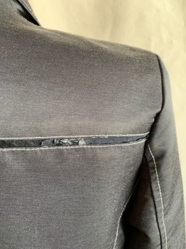 Mens, Sportcoat/Blazer, FERRETI, Black, Polyester, Cotton, Solid, L, Single Breasted, Collar Attached, Notched Lapel, White Stitching, 2 Buttons,  4 Pockets, Silver Rusted Rounded Stud Detail, Faux Tab Button Details, Attached Pleather Back Belt with Silver Rounded Stud Detail, *Pleather Details Beginning to Disintergate*
