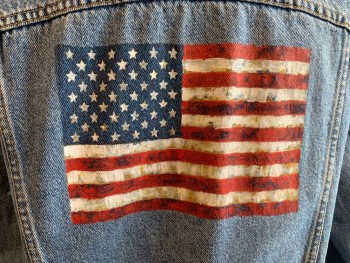 Mens, Jean Jacket, LEVI'S, Lt Blue, Cotton, Solid, M, Button Front, Collar Attached, 4 Pockets, Long Sleeves, Button Cuff, American Flag Painted on Back