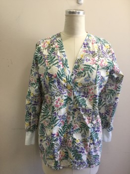 Womens, Scrub Jacket Women, LANDAU, White, Green, Purple, Yellow, Pink, Poly/Cotton, Floral, M, Floral on White Background, Low Cut Snap Front, Long Sleeves, White Ribbed Knit Cuff, 2 Patch Pockets, Smocked Elastic Back Waist