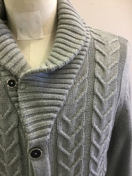 Mens, Cardigan Sweater, H&M, Lt Gray, Cotton, Cable Knit, 40, Medium, 6 Buttons, Shawl Collar, 2 Pockets,