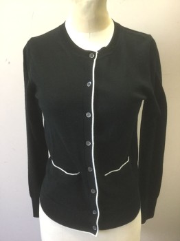 BANANA REPUBLIC, Black, White, Wool, Solid, Black with White Thin Line Accent at Center Front, Round Neck, and 2 Pockets, Knit, Long Sleeves, 8 Buttons