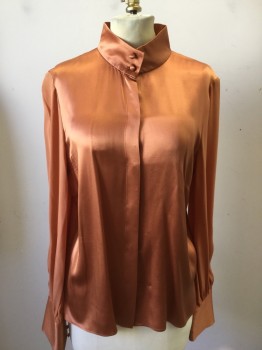 Womens, Blouse, ELLEN TRACY , Burnt Orange, Silk, Solid, 8, Satin, Stand Up Collar, Long Sleeves, Hidden Placket, Wide Cuffs W/covered Buttons