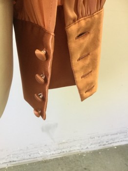 Womens, Blouse, ELLEN TRACY , Burnt Orange, Silk, Solid, 8, Satin, Stand Up Collar, Long Sleeves, Hidden Placket, Wide Cuffs W/covered Buttons