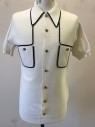 N/L, Cream, Navy Blue, Polyester, Solid, Short Sleeved Cardigan, Cream with Navy Edges/Accents, Button Front, Buttons are Swirled Navy/White, Collar Attached, 2 Patch Pockets, Late 1960's/Early 1970's
