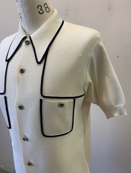 N/L, Cream, Navy Blue, Polyester, Solid, Short Sleeved Cardigan, Cream with Navy Edges/Accents, Button Front, Buttons are Swirled Navy/White, Collar Attached, 2 Patch Pockets, Late 1960's/Early 1970's
