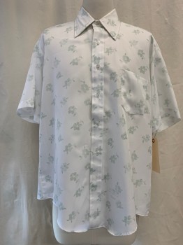 SEARS, White, Green, Beige, Polyester, Floral, Button Front, Collar Attached, Short Sleeves, 1 Pocket