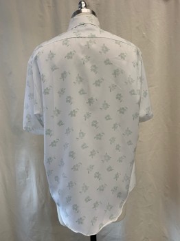 SEARS, White, Green, Beige, Polyester, Floral, Button Front, Collar Attached, Short Sleeves, 1 Pocket