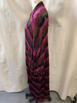 ZARA, Plum Purple, Magenta Pink, Burnt Orange, Forest Green, Acetate, Rayon, Stripes - Horizontal , Knit, 3/4 Sleeves, Plum Rib Knit Cuffs & Trim, Open Front, Long Line
