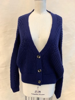 TOPSHOP, Navy Blue, Acrylic, Solid, 3 Button Front, Ribbed Knit,  Long Sleeves