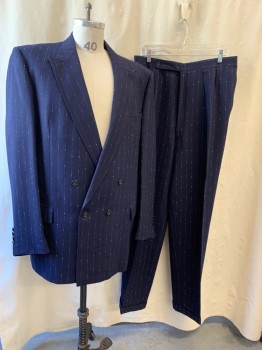 GORDON'S, Navy Blue, White, Wool, Stripes - Pin, Peaked Lapel, Double Breasted, 4 Buttons, 3 Pockets