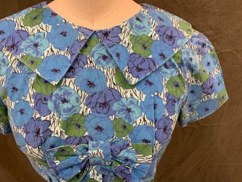 N/L, Blue, Lt Blue, Green, Black, Cotton, Floral, Large Round Collar, Raglan Short Sleeves, Front Waist Flap with Bow, Button Back,