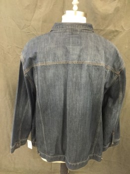 Mens, Jean Jacket, TRUE NATION, Dk Blue, Cotton, Solid, 4XL, Button Front, Collar Attached, Long Sleeves, 4 Pockets, Distressed