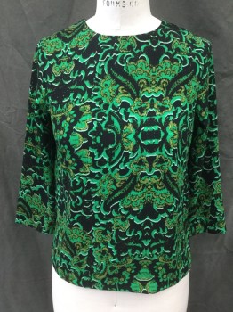 Womens, Top, H&M, Kelly Green, Black, Olive Green, Polyester, Abstract , 2, Crew Neck, 3/4 Sleeve, Zip Back Neck, Hem Longer in Back