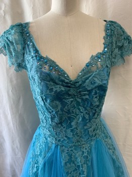 Womens, Evening Gown, FOX332, Teal Blue, Nylon, Spandex, W:24, B:32, A-Line, Lace Bodice, Sweetheart Neckline, Rhinestones & Beads Along Neckline, Cap Sleeve, Attached Solid Slip, Side Zipper & Snap Buttons, Tulle Skirt, 6 Upside Down Lace Triangles on Skirt