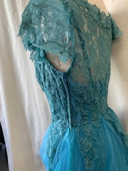 Womens, Evening Gown, FOX332, Teal Blue, Nylon, Spandex, W:24, B:32, A-Line, Lace Bodice, Sweetheart Neckline, Rhinestones & Beads Along Neckline, Cap Sleeve, Attached Solid Slip, Side Zipper & Snap Buttons, Tulle Skirt, 6 Upside Down Lace Triangles on Skirt