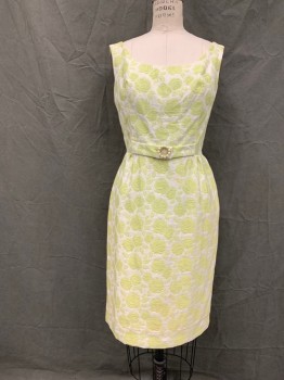 Womens, 1960s Vintage, Suit, Dress, N/L, Lime Green, White, Silk, Rayon, Floral, W 26, B 38, Floral Brocade, Scoop Neck, Sleeveless, Zip Back, Gathered Skirt, Tab Front Waist with Pearl Circle Brooch, Knee Length,