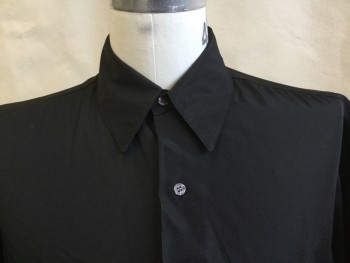 MONZINI, Black, Polyester, Solid, Collar Attached, Button Front, Short Sleeves,