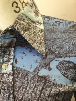 REVENGE, Cornflower Blue, Espresso Brown, Lt Blue, Acetate, Nylon, Novelty Pattern, Historical Cityscape Pattern, with Blue Gradient Light to Dark Background, Long Sleeve Button Front, Collar Attached, Qiana,