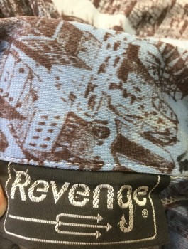 REVENGE, Cornflower Blue, Espresso Brown, Lt Blue, Acetate, Nylon, Novelty Pattern, Historical Cityscape Pattern, with Blue Gradient Light to Dark Background, Long Sleeve Button Front, Collar Attached, Qiana,
