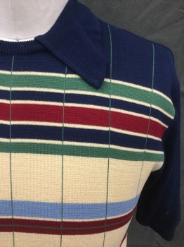 DUFFER, Navy Blue, Tan Brown, Dk Red, Green, Lt Blue, Cotton, Stripes, Grid , Pullover, Short Sleeves, Stripe Front with Green Grid Overlay, Solid Navy Collar Attached, Solid Navy Short Sleeves/Back/Waistband, Ribbed Knit Crew Neck/Waistband * Red Stain Front Right*