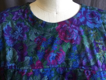 STUART ALAN PETITES, Teal Blue, Red, Purple, Pink, Green, Polyester, Floral, Round Neck,  1 Seam Across Chest, Long Sleeves, 3 Button Back, Elastic Waist, 2 Pockets