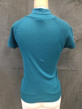 N/L, Teal Green, Cotton, Polyester, Solid, Waffle Knit Raglan Short Sleeves, Ribbed Knit Shawl Collar Attached, Ribbed Knit Cuff/Waistband, Orange/Blue/Navy/White Diagonal Stripes at Sleeve, * Run at Left Sleeve Lower Stripes*