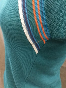 N/L, Teal Green, Cotton, Polyester, Solid, Waffle Knit Raglan Short Sleeves, Ribbed Knit Shawl Collar Attached, Ribbed Knit Cuff/Waistband, Orange/Blue/Navy/White Diagonal Stripes at Sleeve, * Run at Left Sleeve Lower Stripes*