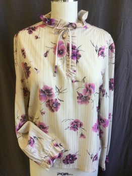 N/L, Beige, Pink, Black, Purple, Polyester, Floral, L/S, Stand Ruffled Collar, Self Tie At Neck, Ruffle Accents At Button Placket And Cuffs