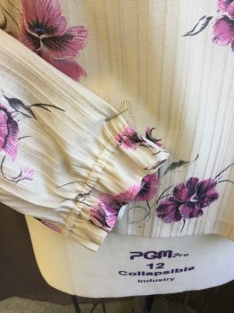 N/L, Beige, Pink, Black, Purple, Polyester, Floral, L/S, Stand Ruffled Collar, Self Tie At Neck, Ruffle Accents At Button Placket And Cuffs