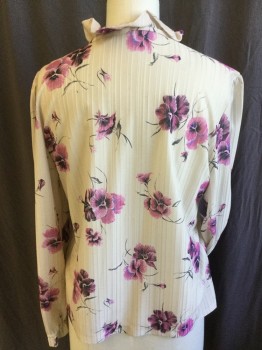 Womens, Blouse, N/L, Beige, Pink, Black, Purple, Polyester, Floral, B:40, L, L/S, Stand Ruffled Collar, Self Tie At Neck, Ruffle Accents At Button Placket And Cuffs