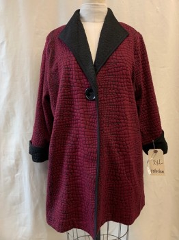 COLLECTION, Red Burgundy, Black, Polyester, Rayon, Reptile/Snakeskin, Croc Print, Cuffed Sleeves with Black Trim, 1 Large Black Button Closure, Pointed Shawl Collar