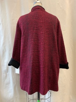 COLLECTION, Red Burgundy, Black, Polyester, Rayon, Reptile/Snakeskin, Croc Print, Cuffed Sleeves with Black Trim, 1 Large Black Button Closure, Pointed Shawl Collar