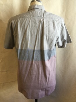 RVCA, Lt Gray, Steel Blue, Dk Red, Cotton, Heathered, Color Blocking, Heather Horizontal Panel Stripes, Collar Attached, Button Down, Button Front, 1 Pocket, Short Sleeves, Curved Hem