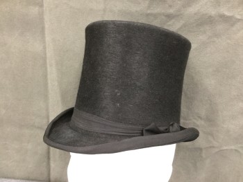 KAMINSKY, Black, Fur, Top Hat, 3/4" Wide Faille Band and Edging at Brim, 6 1/4" Tall Crown, Rolled Side Brim **Crooked Brim**