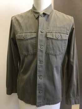ALL SAINTS, Olive Green, Cotton, Faded, Button Front, Collar Attached, Long Sleeves, 2 Button Flap Pockets, Faded Olive