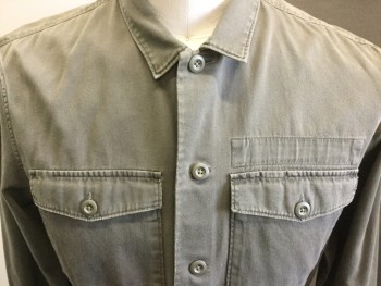 ALL SAINTS, Olive Green, Cotton, Faded, Button Front, Collar Attached, Long Sleeves, 2 Button Flap Pockets, Faded Olive