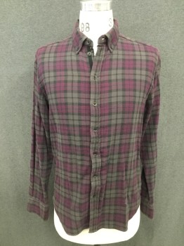 RAG & BONE, Purple, Black, Gray, Cotton, Plaid, Button Front, Collar Attached, Button Down Collar, Long Sleeves, Double Layered