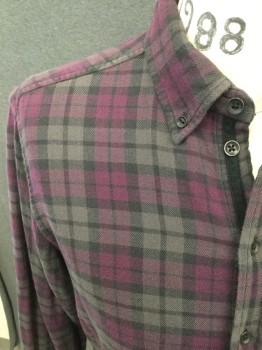 RAG & BONE, Purple, Black, Gray, Cotton, Plaid, Button Front, Collar Attached, Button Down Collar, Long Sleeves, Double Layered