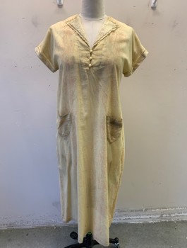 Womens, Dress, N/L MTO, Ecru, Lt Pink, Cotton, Swirl , Faded, H:<48", B<42", Cap Sleeve, Shift Dress, Lace Pointed Lapel and Detail on Arm Openings, 3 Cream Buttons, 2 Triangular Patch Pockets, Lightly Aged, a Bit "Tired" Looking, Made To Order 1930's Great Depression