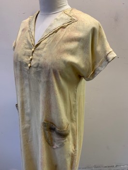 Womens, Dress, N/L MTO, Ecru, Lt Pink, Cotton, Swirl , Faded, H:<48", B<42", Cap Sleeve, Shift Dress, Lace Pointed Lapel and Detail on Arm Openings, 3 Cream Buttons, 2 Triangular Patch Pockets, Lightly Aged, a Bit "Tired" Looking, Made To Order 1930's Great Depression